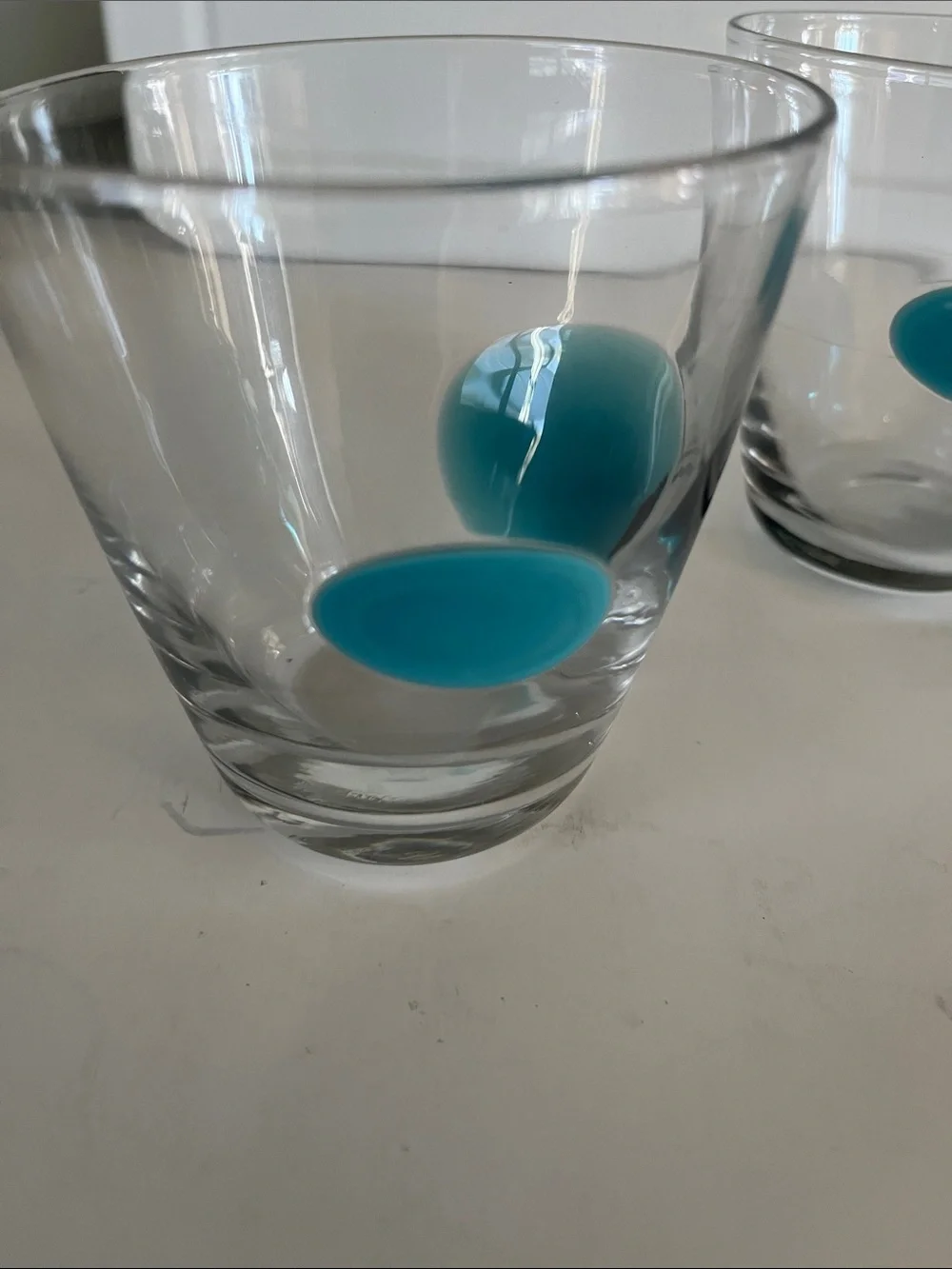 3 VTG Ikea Fabulos hand blown glass tumblers aqua thumb print dots Gunnel Sahlin